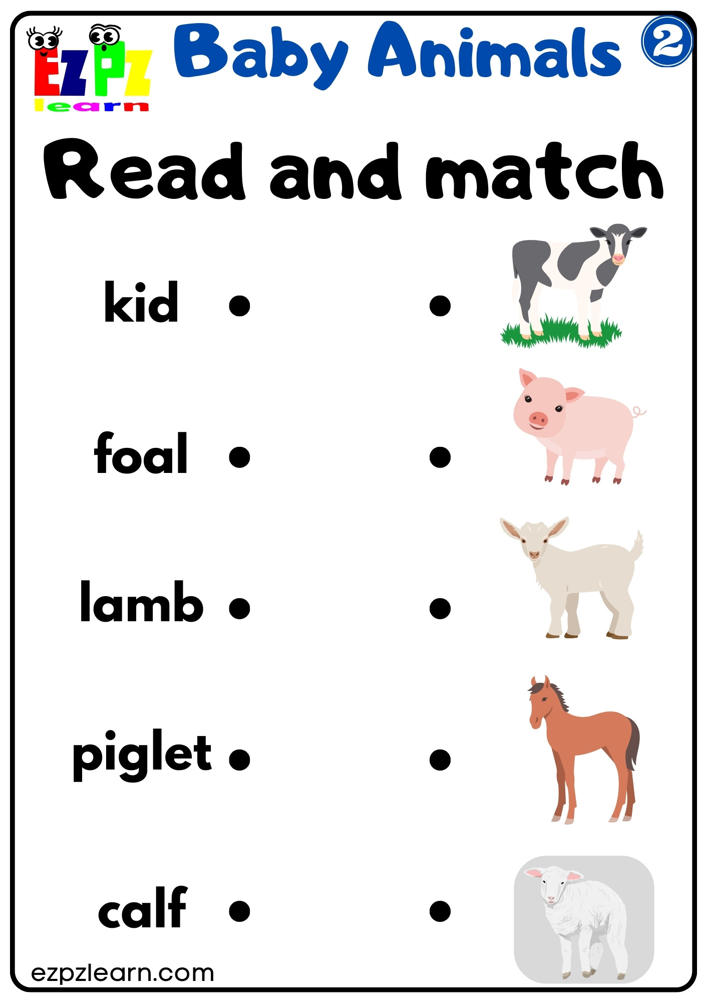 Baby animals vocabulary read and match activity for english language